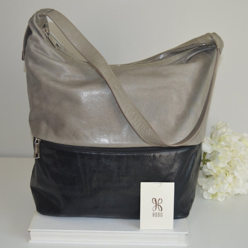 🖤 HOBO Joyce Style Shoulder Bag Two-Tone Leather Stone/Gray & Black - Picture 2 of 14